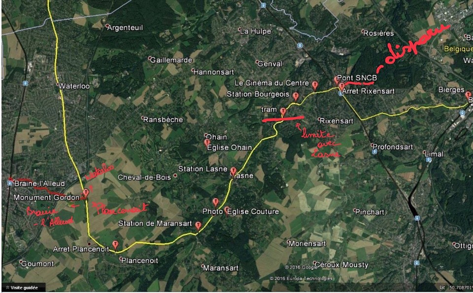 Carte du parcours du vicinal entre Braine-l’Alleud et Wavre 23 km