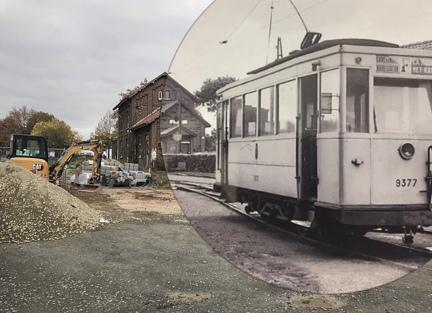 Le tram en vue de la gare dans la station de Lasne